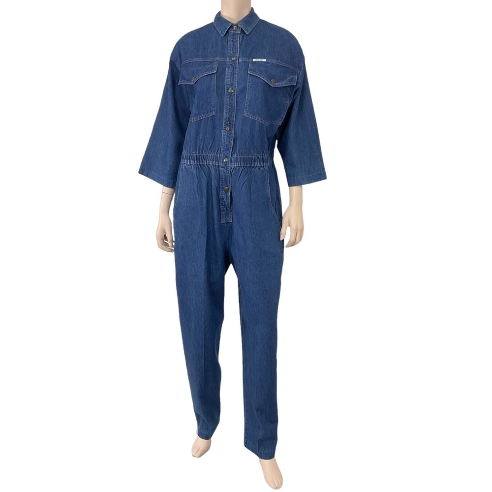 Ideas Jumpsuit Women Large Blue 3/4 Sleeve Snap Down Collar Denim VTG